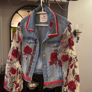 Embroidered Red Rose Denim Jean Jacket - Women